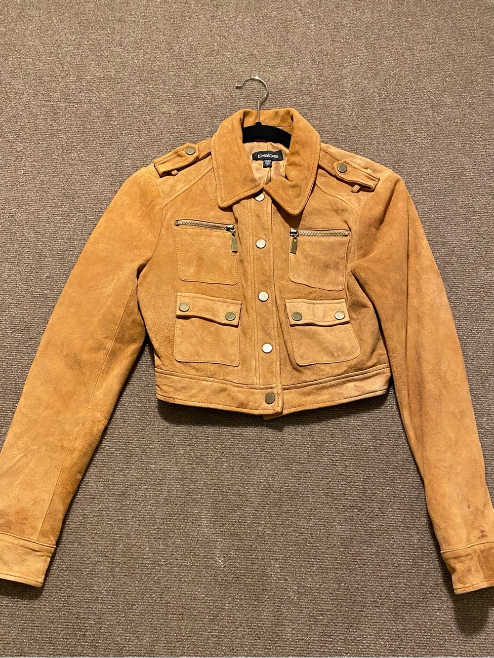 Bebe 100% Genuine Suede Cropped Utility Moto Jacket Tan Camel Size M